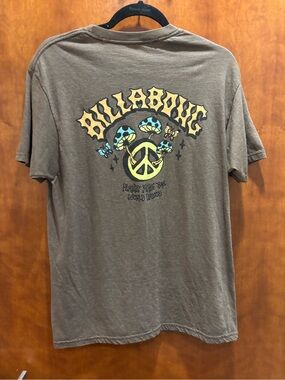 Billabong Brown Graphic Tee with Yellow Peace Sign & Blue Mushrooms